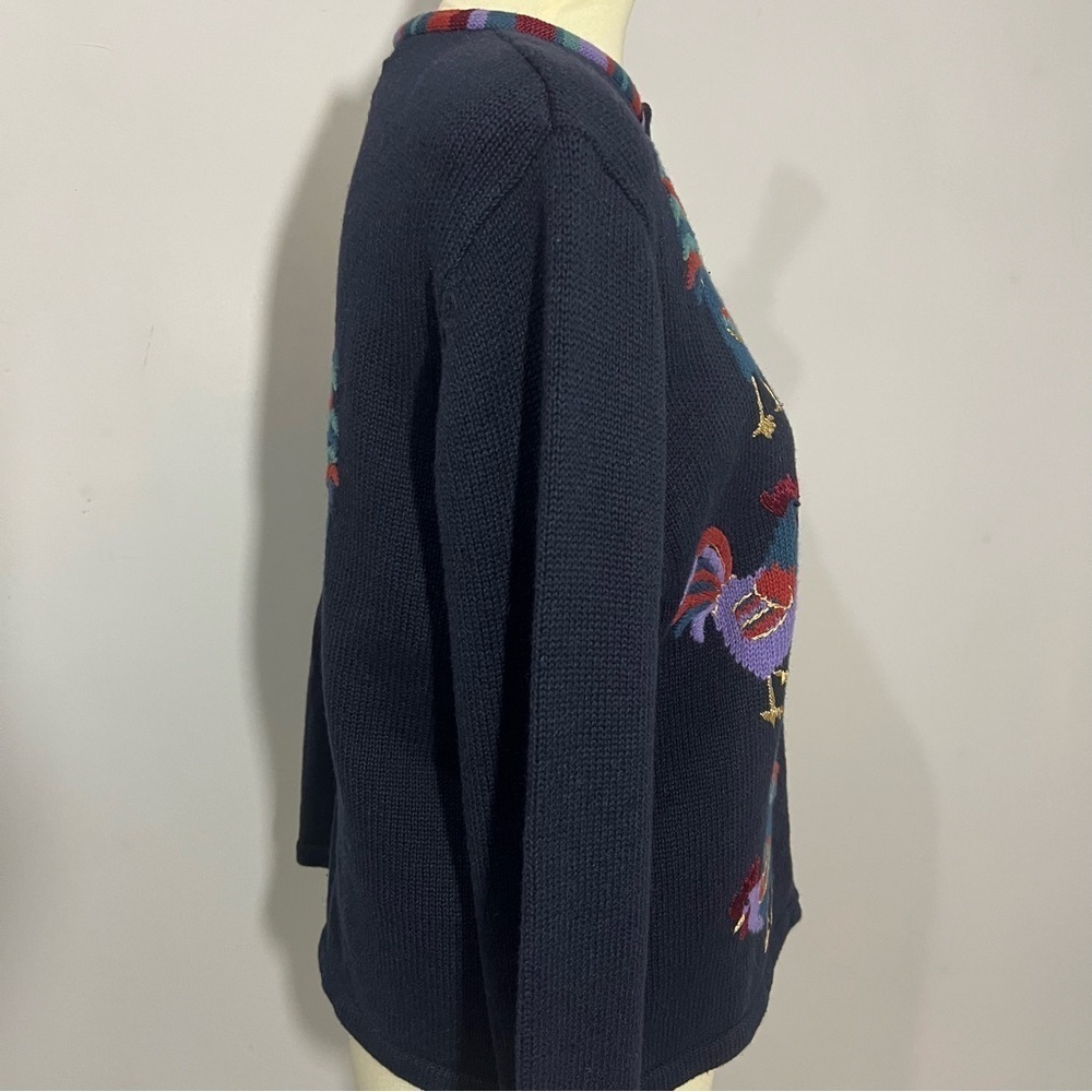 Vintage cotton knit cardigan sweater chickens roosters embroidered country chic - Picture 6 of 11